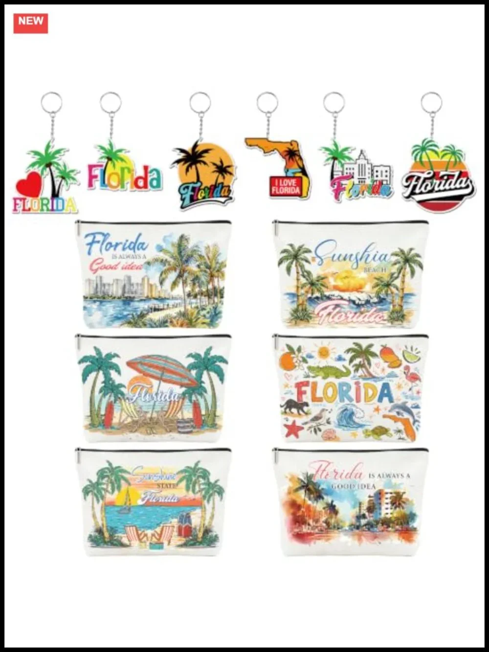 12 Pc Florida Travel Cosmetic Bag Set with Keychains Linen Zipper Pouch